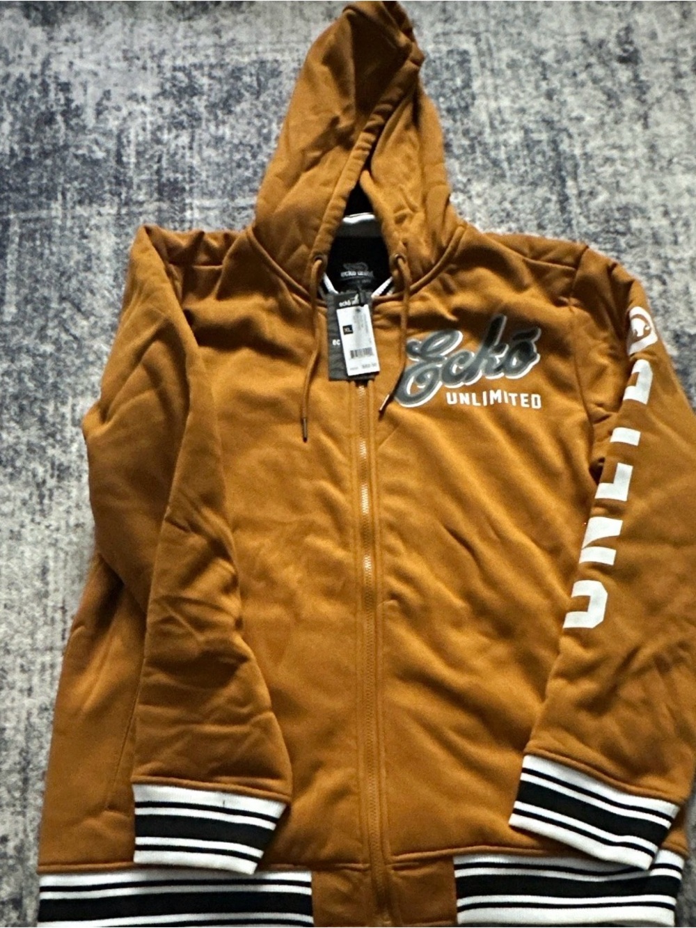 Ecko Unlimited Men's Zip Hoodie in Mustard Brown with White Accents